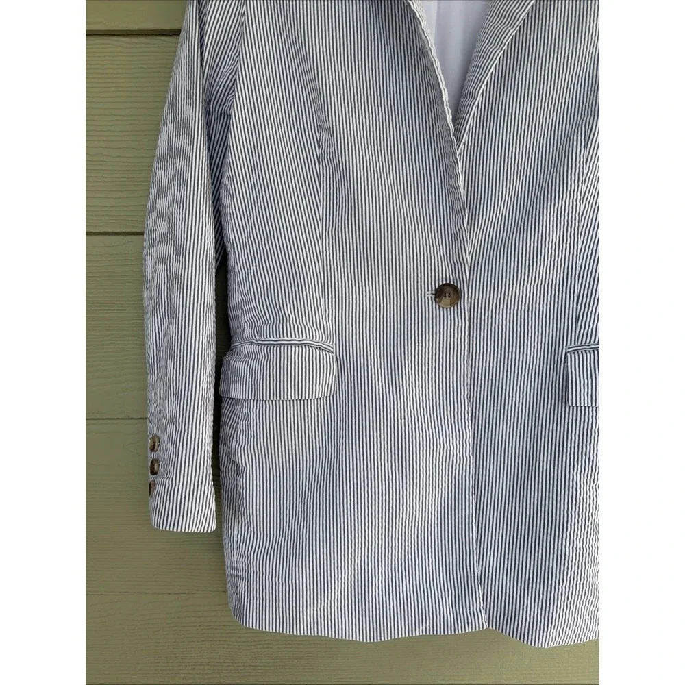 Joie Blue/White Preppy Striped Lined Seersucker Blazer Jacket Womens Large